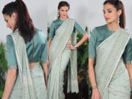 Shilpa reddy in a pastel blue hand woven saree for Q and A