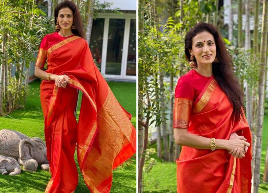 Shilpa reddy in a red kanchi saree