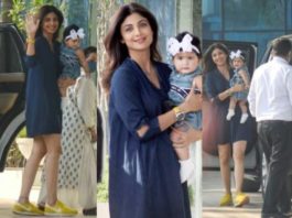 Shilpa shetty spotted with daughter in a blue basic dress