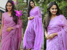 aditi ravi in lavender organza saree