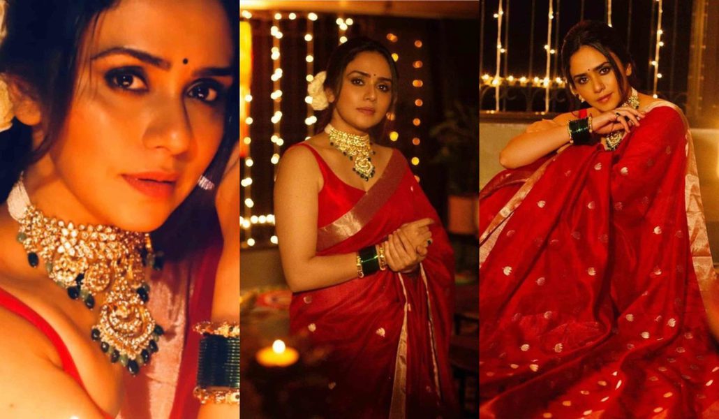 amruta khanvilkar in red saree for diwali 2020