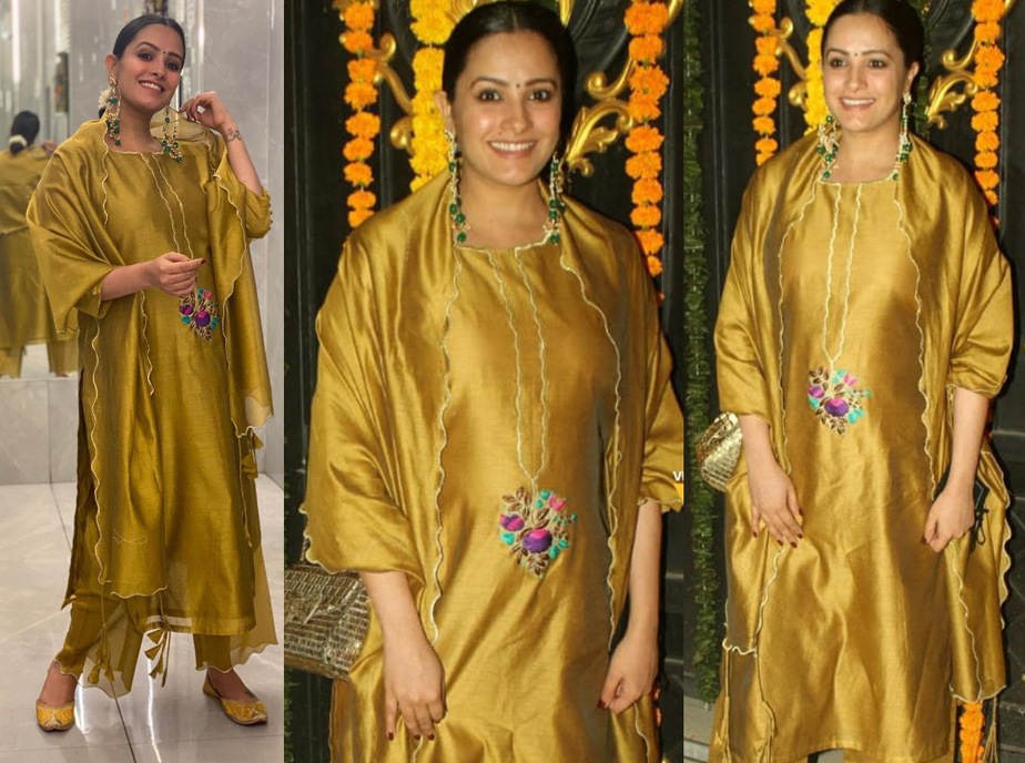 anita hassanandini in mustard gold salwar suit in ekta kapoor diwali 2020 bash