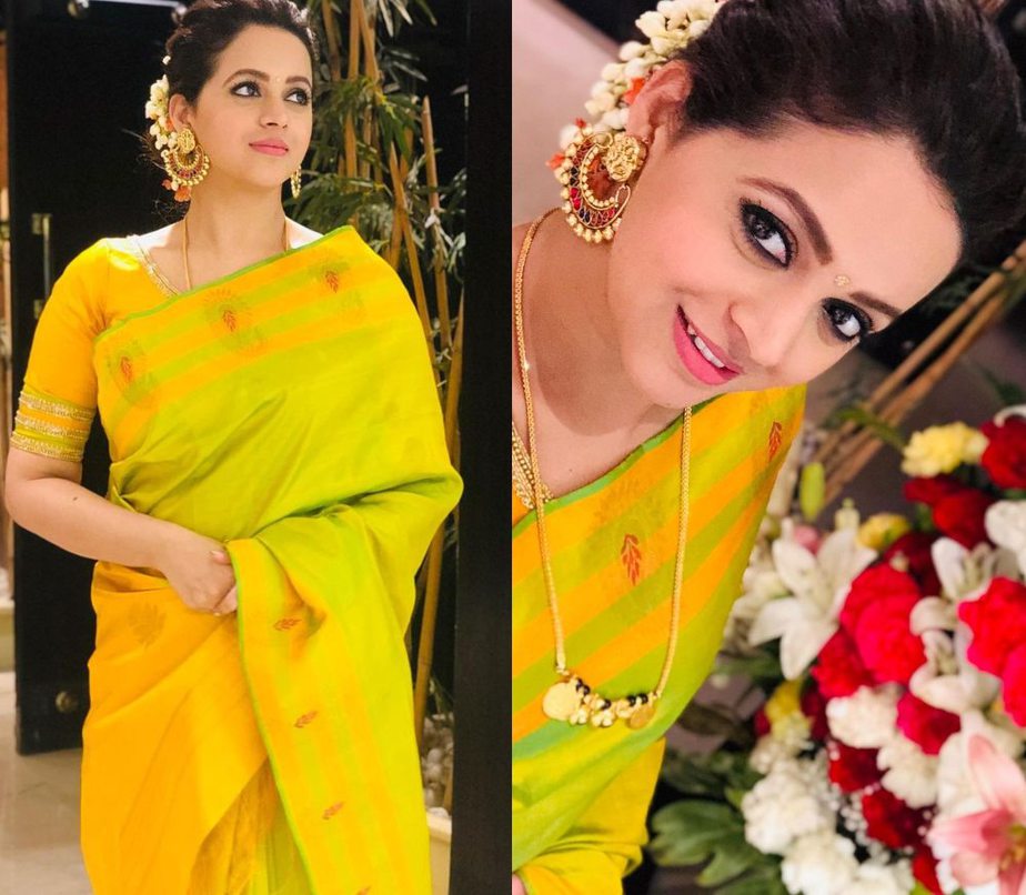 bhavana's diwali 2020 green silk saree look