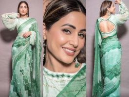 hina khan in green chiffon saree by pallavi jaipur.