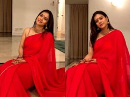 Kajol wearing a rec saree on karwa chauth