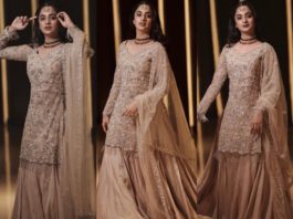 namitha pramod in golden sharara suit set