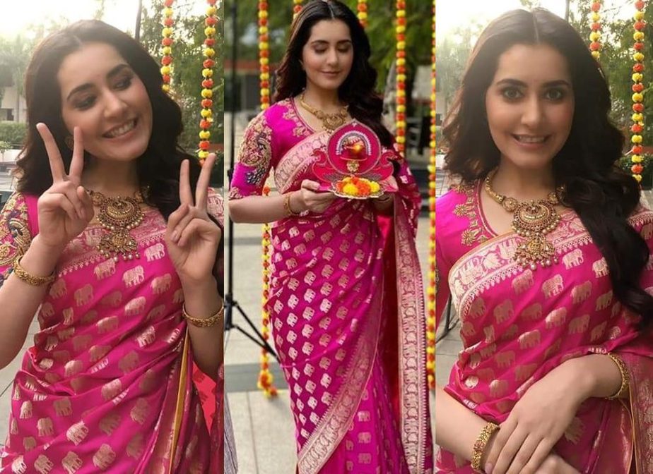 raashi khanna in pink silk saree for dhanteras 2020