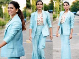 samantha akkineni in aqua blue pant suit for samjam