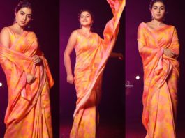 shamna kasim in yellow floral saree for dhee champions