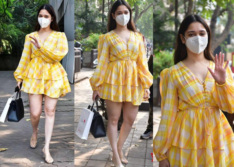 tamannaah bhatia in yellow mini dress in mumbai