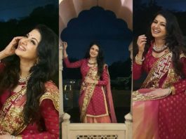 Bhagyashree in a golden and maroon lehenga