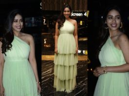 Nivetha Pethuraj in one shoulder gown at Red movie trailer launch