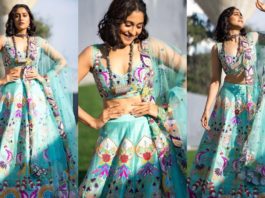 Regina Cassandra in a blue lehenga by Aisha Rao