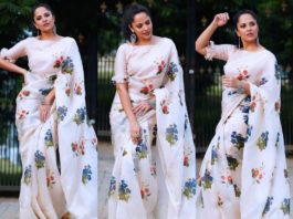 anasuya bharadwaj white floral saree