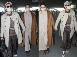 ranveer singh and deepika padukone spotted at the airport in color coordinated winter outfits.