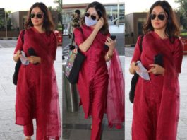 divya khosla kumar in red suit at the airport