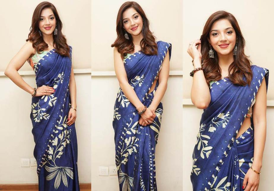 mehreen pirzada in blue saree at big boss finale