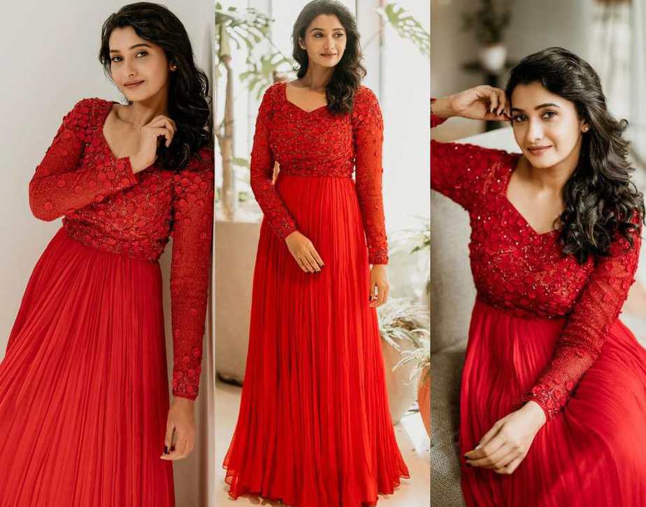 priya bhavani shankar red dress by ashwin thiyagaraj