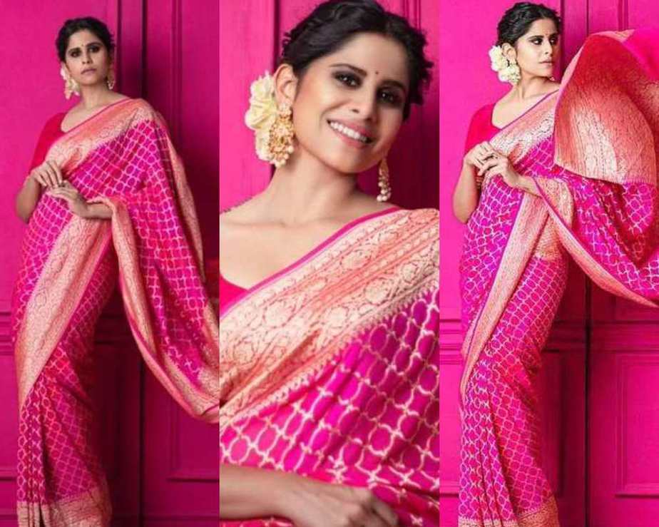 Sai tamhankar in a pink saree by Queens emporium-featured