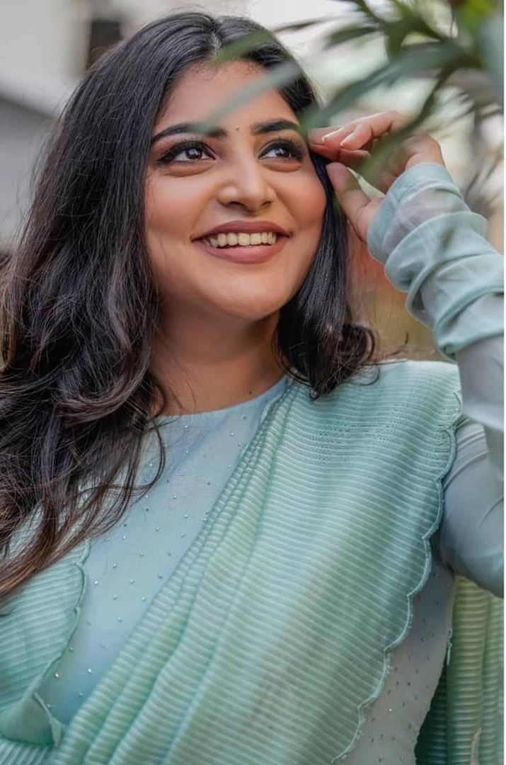 manjima mohan in mint green anarkali for Kalathil Sandhippom movie promotions