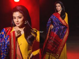 priyamani in yellow anarkali with ikkat silk dupatta