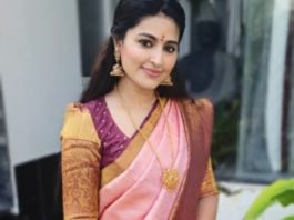 sneha prasanna in baby pink violet kanjeevaram saree for pongal 2021