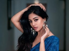 Anu emmanuel in a blue saree by geethika kanumili for an event in Hyderabad3