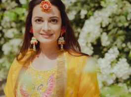 Dia mirza in yellow outfit by Nafisa Rachel William for mehndi