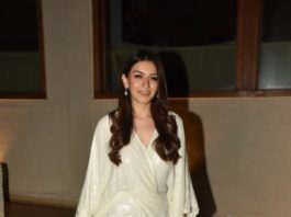 Hansika Motwani in a white thigh slit dress at a night party