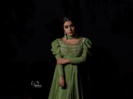 Shamna Kasim in olive green anarkali by atelier stores for dhee kings