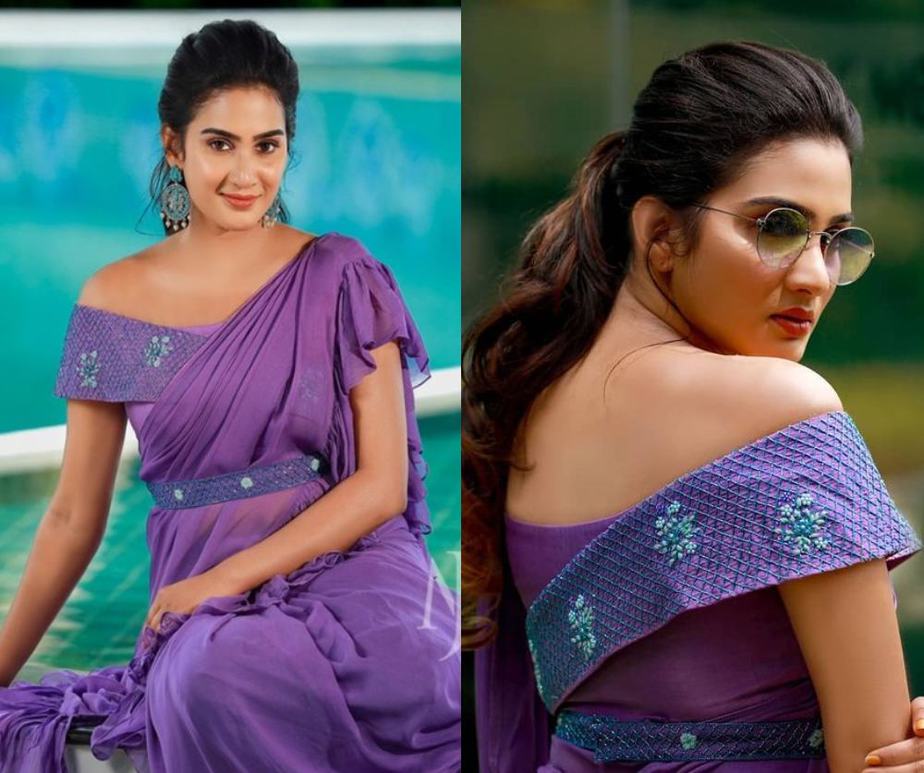 aditi ravi in a lavender ruffled saree with an offshoulder blouse