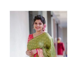 aparna Balamurali in olive green pattu saree by Margazhi designs for friend's wedding