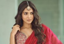 malavika mohanan ruffled red saree by ridhi mehra