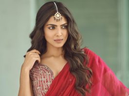 malavika mohanan ruffled red saree by ridhi mehra