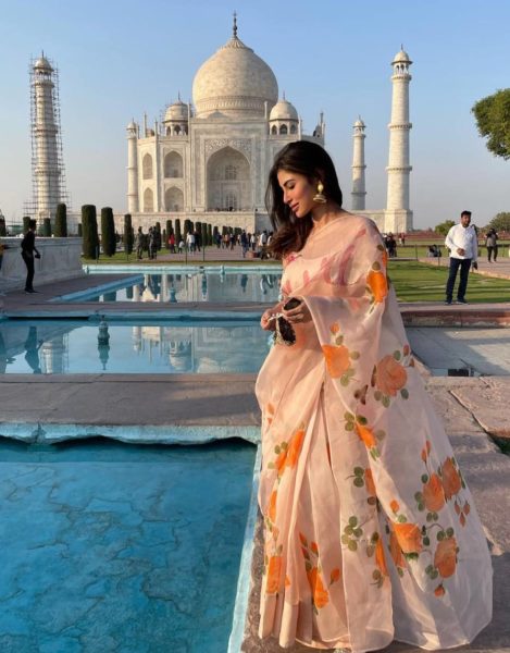 Mouni Roy poses in front of Taj Mahal in a lovely custom Picchika Saree!