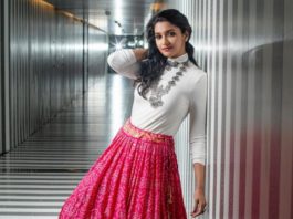 priya bhavani shankar in long pink bandhani skirt with white t-shirt