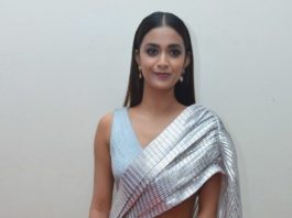 Keerthy Suresh in a metallic silver pre-draped saree for rang de pre-release event-3