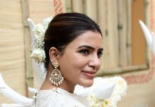 Samantha in off white saree by house of three for Shakuntalam muhurat-1