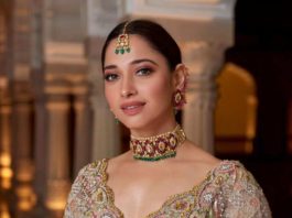 Tamannaah Bhatia in champagne gold lehenga by ohaila Khan for a friend's wedding-1