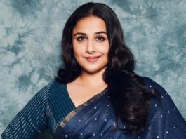 Vidya Balan in a studio medium green saree for an ad shoot