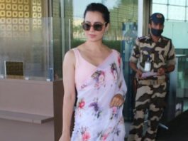 kangana ranaut in pink floral saree at airport