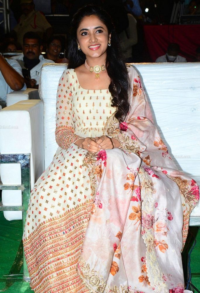 priyanka mohan in a long printed anarkali kurta at sreekaram pre release