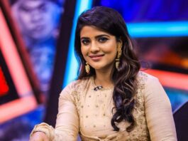 Aishwarya Rajesh in gold anarkali by Gundumalli for a chat show-1