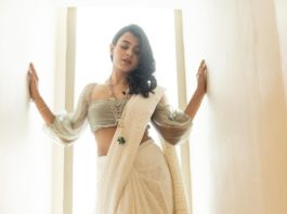 Hebah Patel in off white saree by tilfi