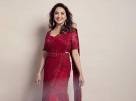 madhuri dixit in red saree dress from label ritika mirchandani