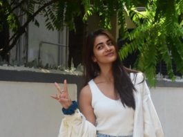 pooja hegde in white tee and minins