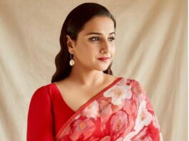 Vidya Balan in a red raw Mango saree for Sherni promotions-1