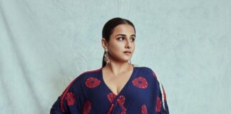 Vidya Balan in shibori midi dress and lungi by Nupur kani for sherni promotions-2