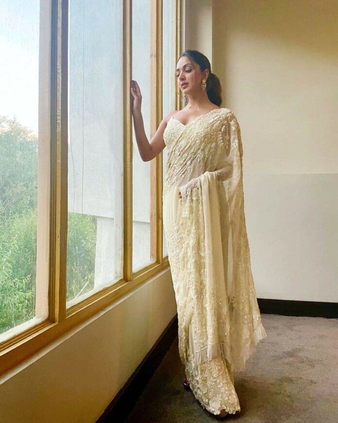 Kiara Advani dazzles in a ivory hand embroidered saree for