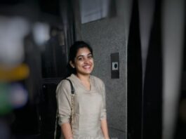 Nivetha Thomas in a grey kurta-jeans